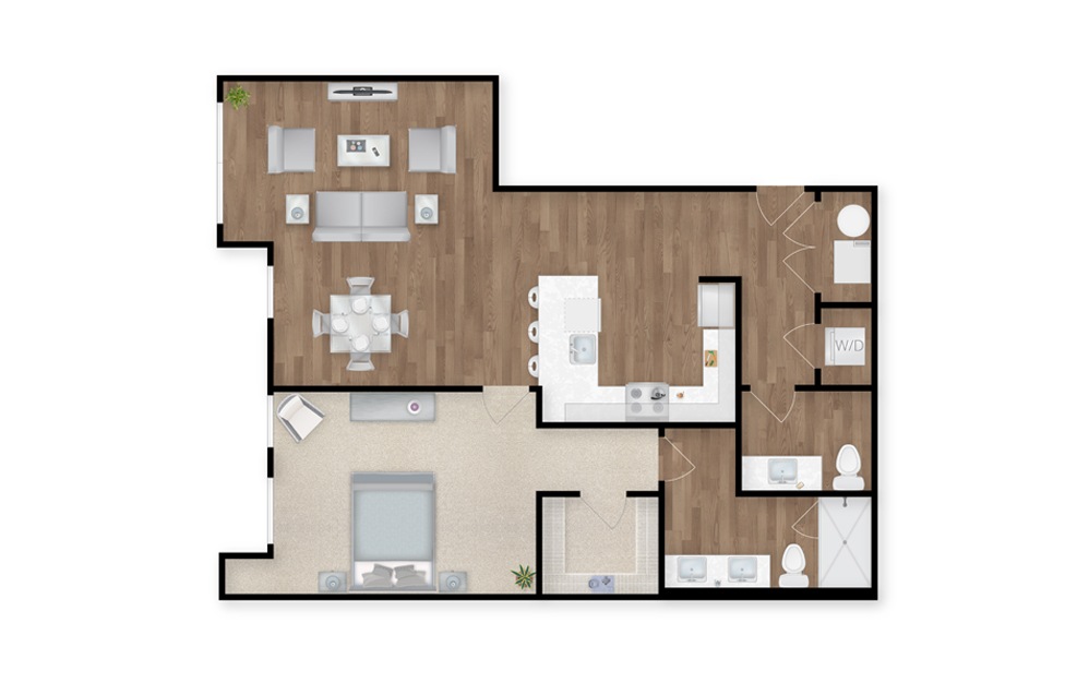 16 - 1 bedroom floorplan layout with 1.5 bath and 1058 square feet.