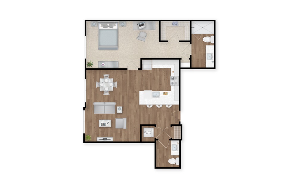 21 - 1 bedroom floorplan layout with 1.5 bath and 956 square feet.