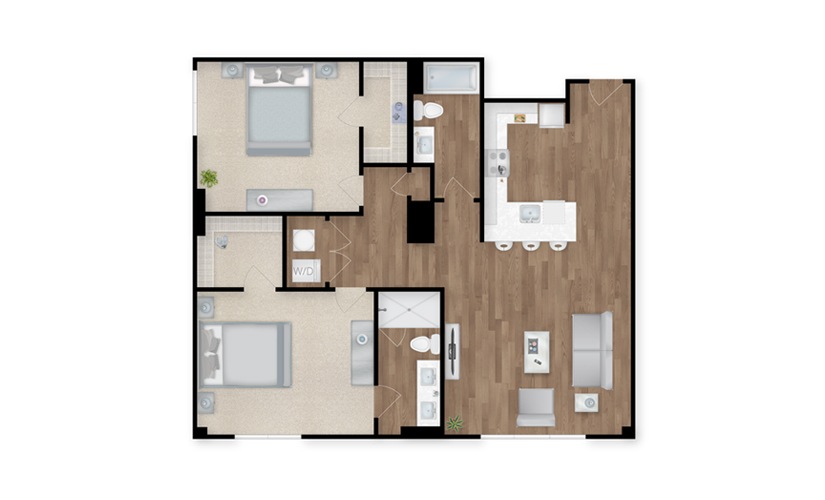 B2H - 2 bedroom floor plan layout with 2 bathrooms and 1310 square feet
