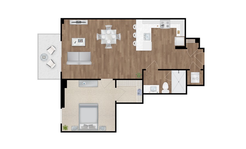 A1A - 1 bedroom floor plan layout with 1 bathroom and 717 square feet