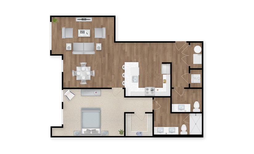 A2B - 1 bedroom floor plan layout with 1.5 bathroom and 1058 square feet