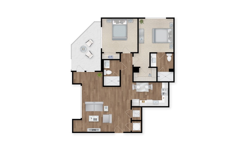 B2A - 2 bedroom floor plan layout with 2 bathrooms and 1044 square feet