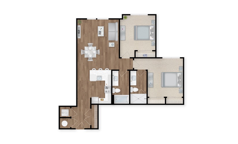 B2B - 2 bedroom floor plan layout with 2 bathrooms and 1065 square feet