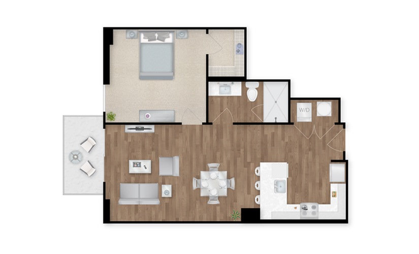 A1D - 1 bedroom floor plan layout with 1 bathroom and 733 square feet
