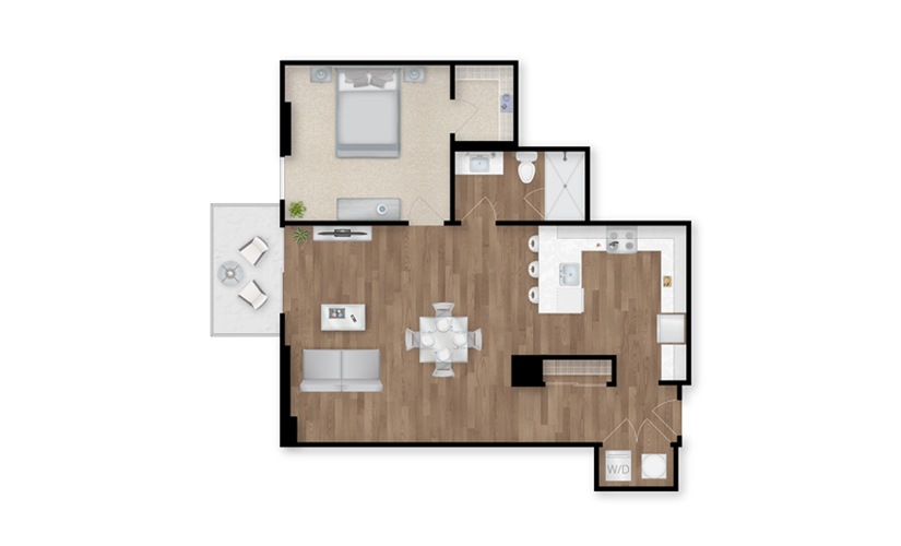 A1F - 1 bedroom floor plan layout with 1 bathroom and 914 square feet