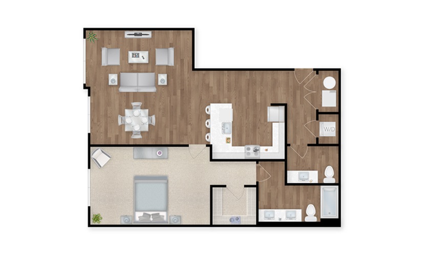 A2C - 1 bedroom floor plan layout with 1.5 bathroom and 1128 square feet