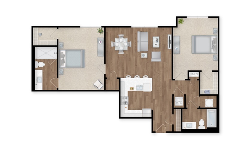 B2G - 2 bedroom floor plan layout with 2 bathrooms and 1221 square feet