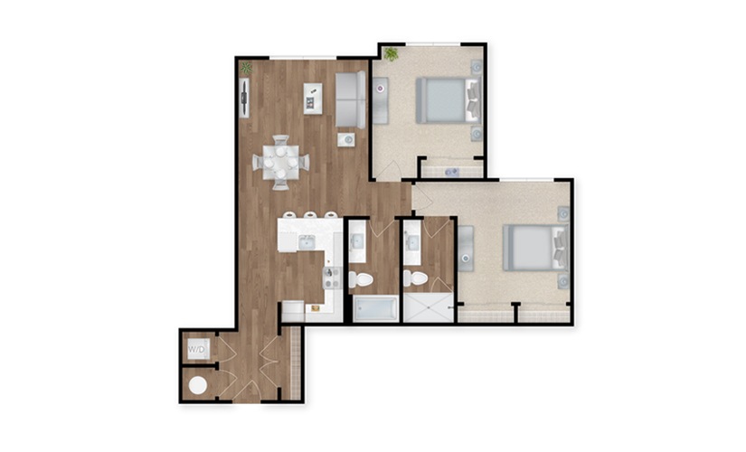 B2C - 2 bedroom floor plan layout with 2 bathrooms and 1075 square feet