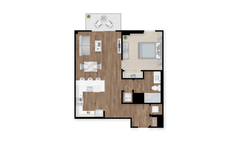 A1B - 1 bedroom floor plan layout with 1 bathroom and 723 square feet