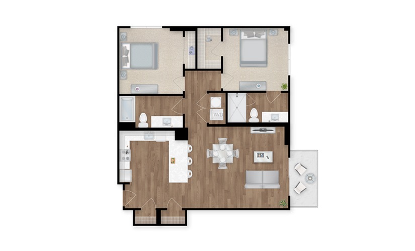 B2D - 2 bedroom floor plan layout with 2 bathrooms and 1139 square feet