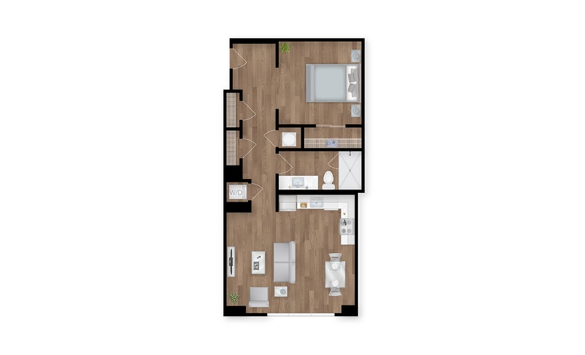 A1E - 1 bedroom floor plan layout with 1 bathroom and 755 square feet